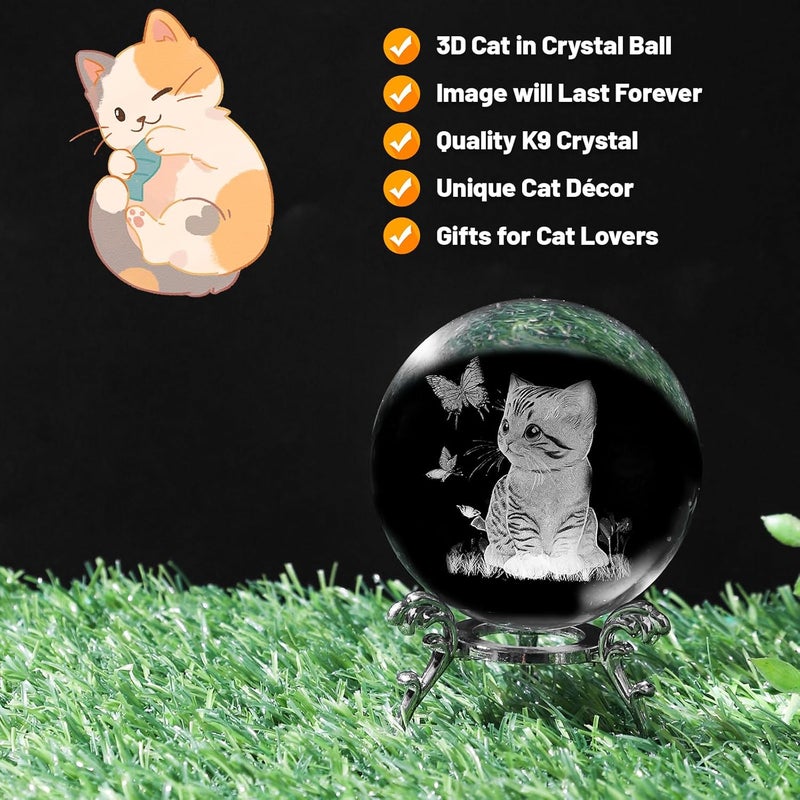 PYJ3DLAMP كرة كريستال ثلاثية الأبعاد على قاعدة مزخرفة بالليزر - زينة قطة هدية - Image 4